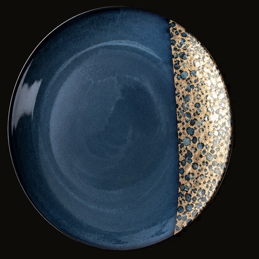 Eclipse dinner plate — deep navy glaze with gold speckled crescent